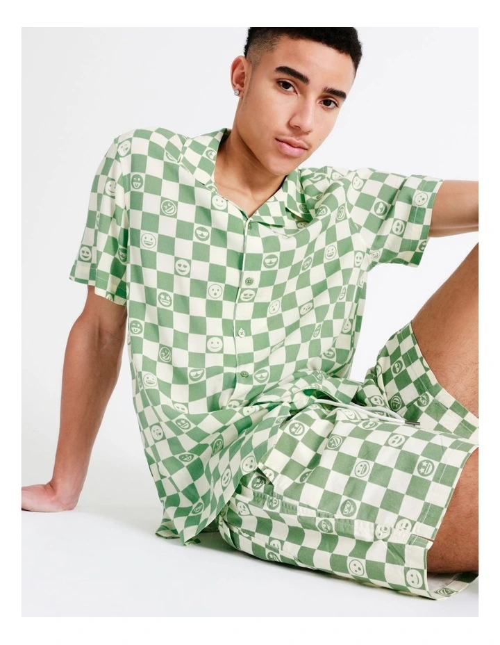 Best deal π Kenji Smiley Checkerboard Short Sleeve Rayon π Shirt In Green π - Image 7