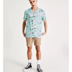 Buy ❤️ Kenji Flyin' Flamingo Print Short Sleeve Rayon 👕 Shirt In Light Blue 🎉
