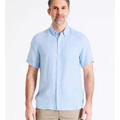 Promo 🎉 Reserve Bodega Linen Button Down Short Sleeve 👕 Shirt Light Blue 🔥