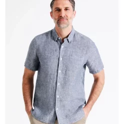 Budget 💯 Reserve Bodega Linen Button Down Short Sleeve 👚 Shirt Navy ⌛