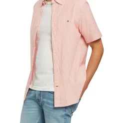 Hot Sale 😀 Tommy Hilfiger Flex Poplin Stripe Short Sleeve 👕 Shirt In Hawaiian Coral/White 🎁