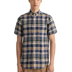 Cheap 🛒 Gant Regular Linen Madras Short Sleeve 👚 Shirt In Persian Blue ✔️