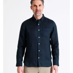 Buy 🧨 Reserve Bodega Linen Button Down Long Sleeve 👕 Shirt In Dark Navy 🥰