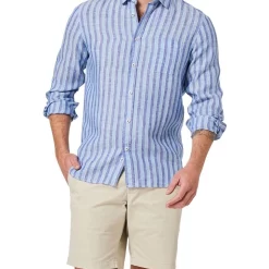 Discount 😉 Blazer Dominic Long Sleeve Linen Stripe 👚 Shirt In Blue/Navy 🎁