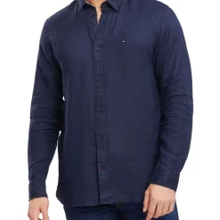 Deals 😀 Tommy Hilfiger WCC Premium Linen Collared 👕 Shirt In Navy 🌟