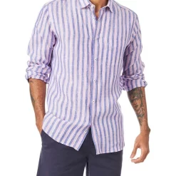 Cheapest 👏 Blazer Dominic Long Sleeve Linen Stripe 👚 Shirt In Pink/Navy 🌟