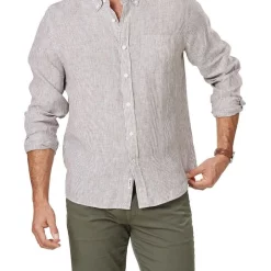 New 🔥 Gazman Pure French Linen Fine Stripe Long Sleeve 👕 Shirt In Brown ⌛