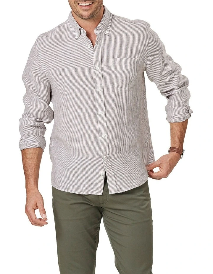 New π₯ Gazman Pure French Linen Fine Stripe Long Sleeve π Shirt In Brown β