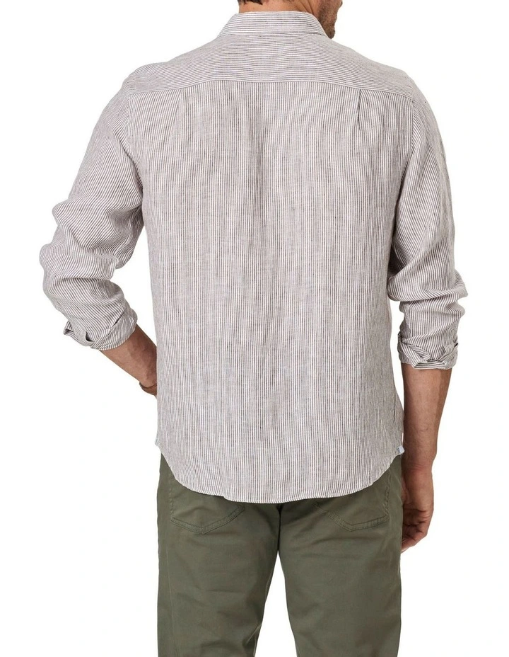 New π₯ Gazman Pure French Linen Fine Stripe Long Sleeve π Shirt In Brown β - Image 2