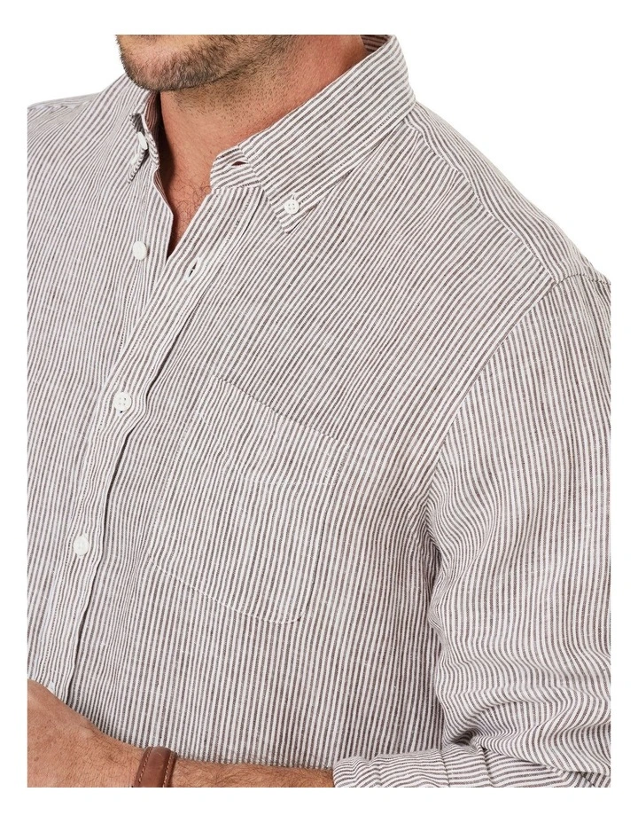 New π₯ Gazman Pure French Linen Fine Stripe Long Sleeve π Shirt In Brown β - Image 3