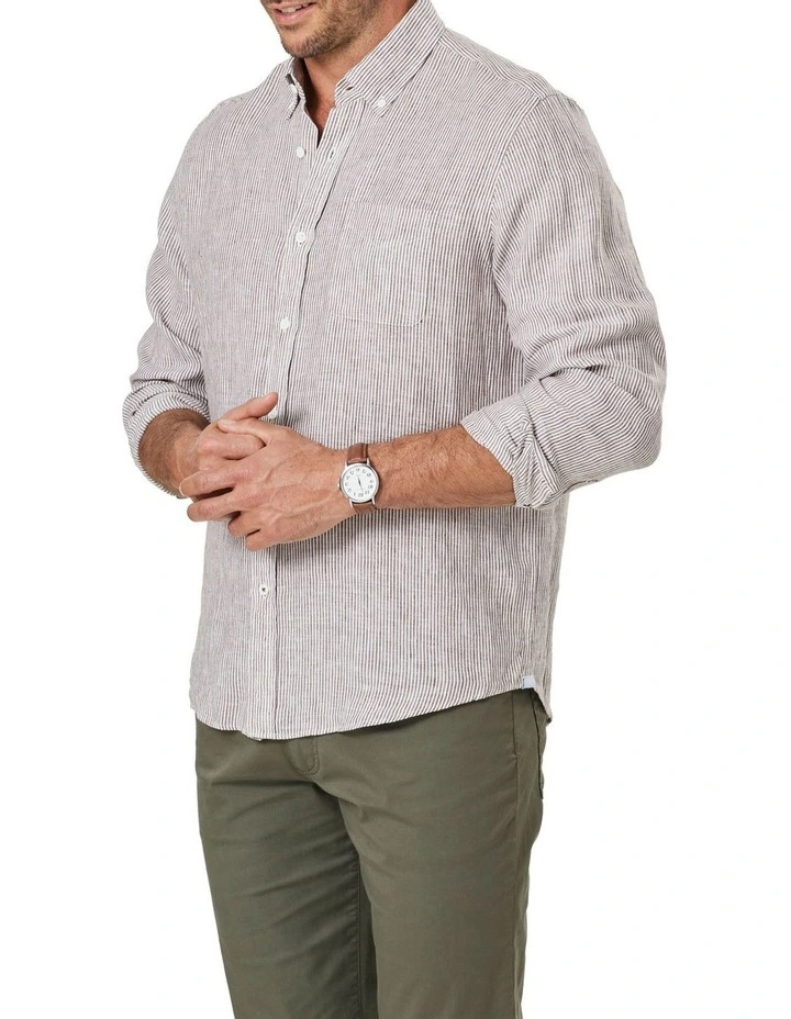 New π₯ Gazman Pure French Linen Fine Stripe Long Sleeve π Shirt In Brown β - Image 4