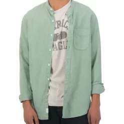 Best Sale 🎉 American Eagle Linen Band Collar Button-Up 👚 Shirt In Green ✔️