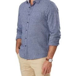 Discount ⌛ Gazman Tailored Casual Slub Check Long Sleeve 👚 Shirt In Navy 😀