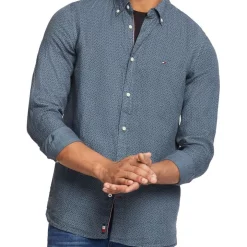 Brand new 🌟 Tommy Hilfiger Linen Mini Print Long Sleeve 👚 Shirt In Charcoal Blue/Night Blue 🌟