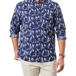 Promo 🥰 Gazman Casual Leaf Print Long Sleeve 👕 Shirt In Dark Navy ✨