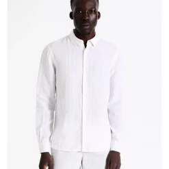 Hot Sale 🛒 Blaq Leo Stripe Long Sleeve Linen 👚 Shirt In White 😀