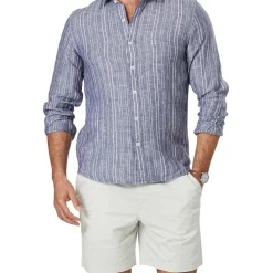 Cheap 🌟 Gazman Tailored French Linen Stripe Long Sleeve 👕 Shirt In French Navy 🤩