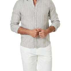 Best deal 🎁 Gazman Tailored French Linen Stripe Long Sleeve 👚 Shirt In Sage 🤩