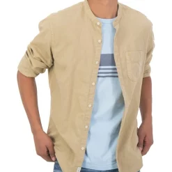 Top 10 ✨ American Eagle Linen Band Collar Button-Up 👚 Shirt In Khaki ✔️