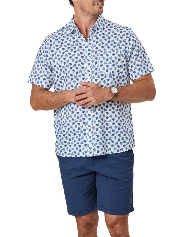 Best Sale π Gazman Linen Blend Turtle Print Short Sleeve π Shirt In White/Blue π€©