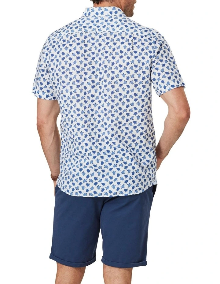 Best Sale π Gazman Linen Blend Turtle Print Short Sleeve π Shirt In White/Blue π€© - Image 2