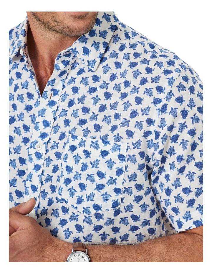 Best Sale π Gazman Linen Blend Turtle Print Short Sleeve π Shirt In White/Blue π€© - Image 4
