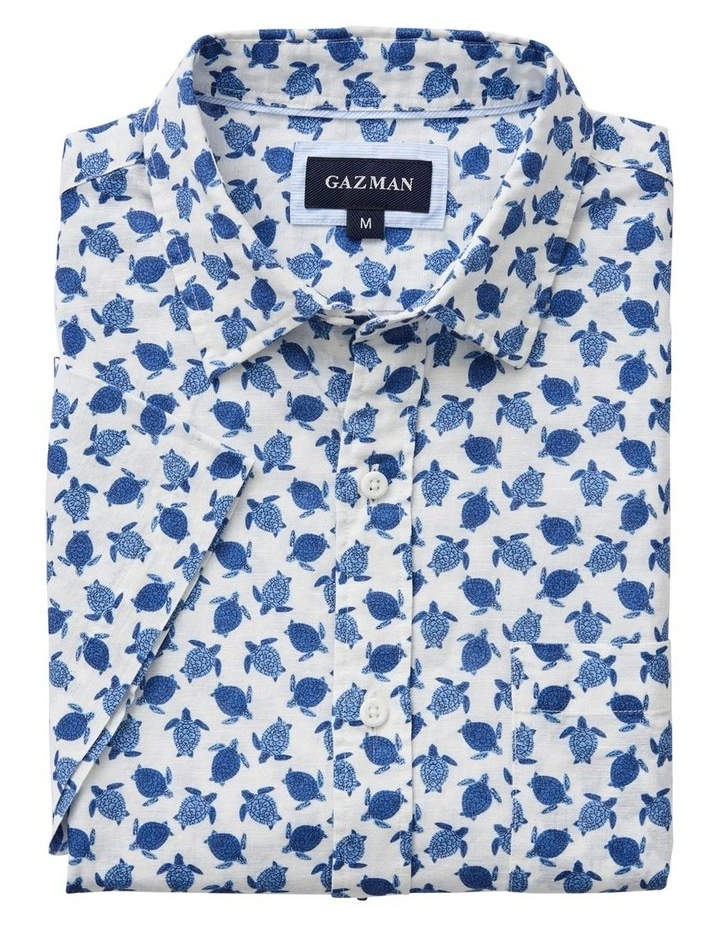 Best Sale π Gazman Linen Blend Turtle Print Short Sleeve π Shirt In White/Blue π€© - Image 5