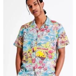 New 😀 Kenji Aussie Teatowel Printed Short Sleeve Linen Blend 👕 Shirt In Assorted 🔔