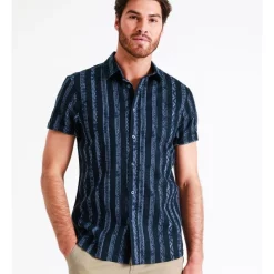 Top 10 🔔 Maddox Grove Linen Blend Stripe Short Sleeve 👕 Shirt In Blue 👏