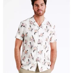 Hot Sale 👍 Maddox Paradise Linen Blend Print Short Sleeve Resort 👚 Shirt In Ecru 👍