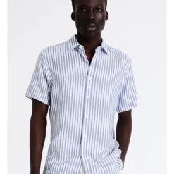 Buy 🛒 Blaq Rhys Stripe Short Sleeve Linen Blend 👕 Shirt In Blue 🔔