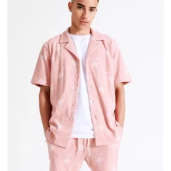 New 🎁 Kenji Terry Towellin' Jacquard Print Short Sleeve 👚 Shirt In Pink 🛒