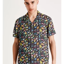 Wholesale ✔️ Kenji Happy Holidays Print Short Sleeve Rayon 👚 Shirt In Charcoal 🥰