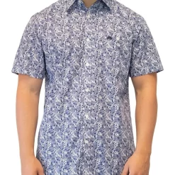 New 🌟 Raging Bull Leaf Print Poplin Short Sleeve 👕 Shirt In Blue/White 🌟