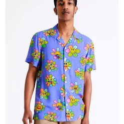 Deals 👍 Kenji Peace Smiles Print Short Sleeve Rayon 👕 Shirt In Purple 😍