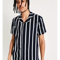 Best deal ✨ Kenji Salar Stripe Print Short Sleeve Rayon 👕 Shirt In Black ⌛